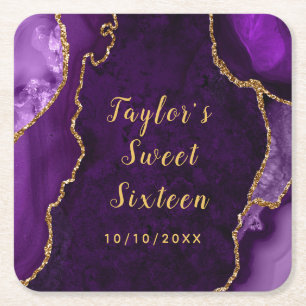 Porta-copo De Papel Quadrado Mármore de Ágata Roxo e Dourado Sweet Sixteen