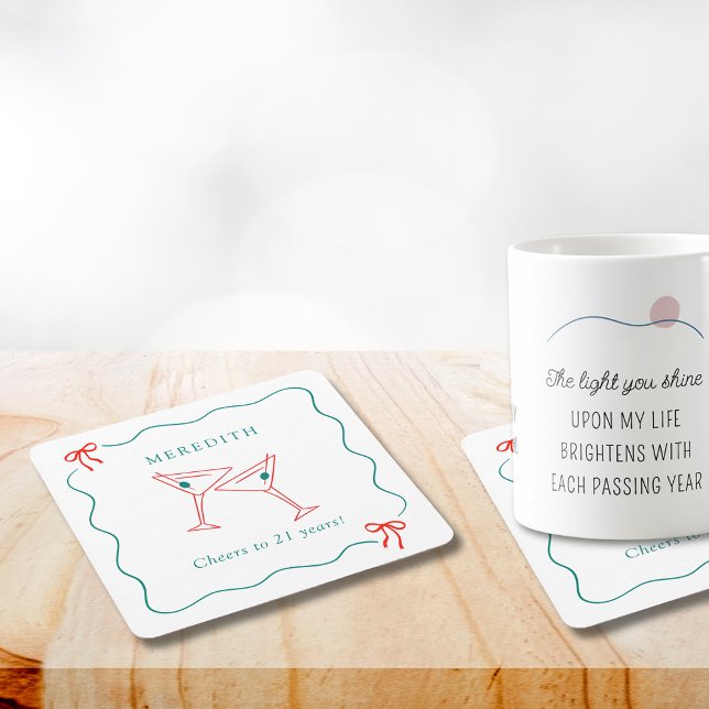 Porta-copo De Papel Quadrado Martini aplaude 21 anos de Festa de aniversário (Martini Cheers to 21 Years Birthday Party Square Paper Coasters)