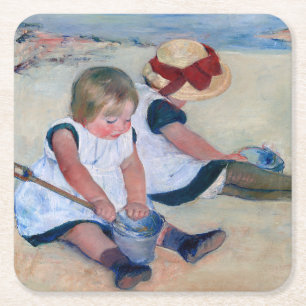 Porta-copo De Papel Quadrado Mary Cassatt Crianças Brincando na Praia 1884 