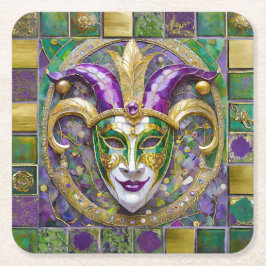Porta-copo De Papel Quadrado Máscara de Jester Mardi Gras Roxo Verde Dourado