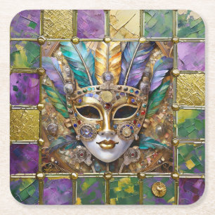 Porta-copo De Papel Quadrado Máscara de Pena Colorida de Cerâmica e Ouro de Mar