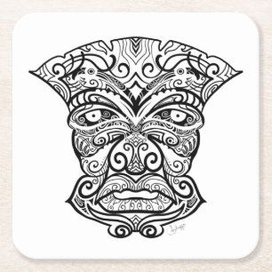 Porta-copo De Papel Quadrado Máscara de Tiki Oriental White e Black