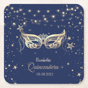 Porta-copo De Papel Quadrado Mascarada, Estrelas Azuis Navy Quinceañera