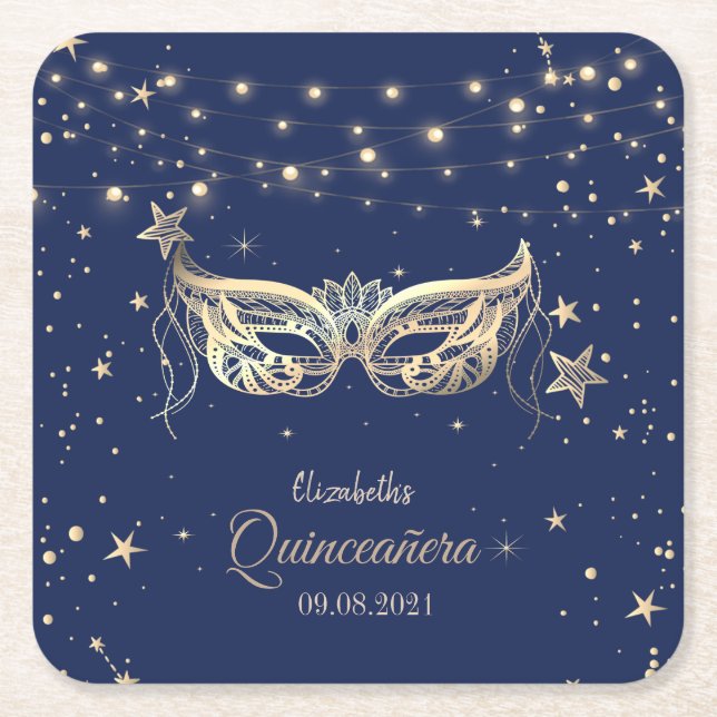 Porta-copo De Papel Quadrado Mascarada, Marinho Blue Stars Quinceañera (Frente)