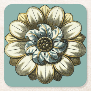 Porta-copo De Papel Quadrado Medalha Floral Ornamentado sobre fundo azul claro