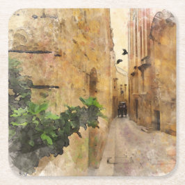 Porta-copo De Papel Quadrado Medieval Narrow Street Old Building Watercolor