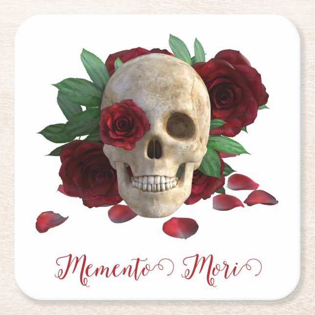 Porta-copo De Papel Quadrado Memento Mori. Caveira com rosas vermelhas (Frente)