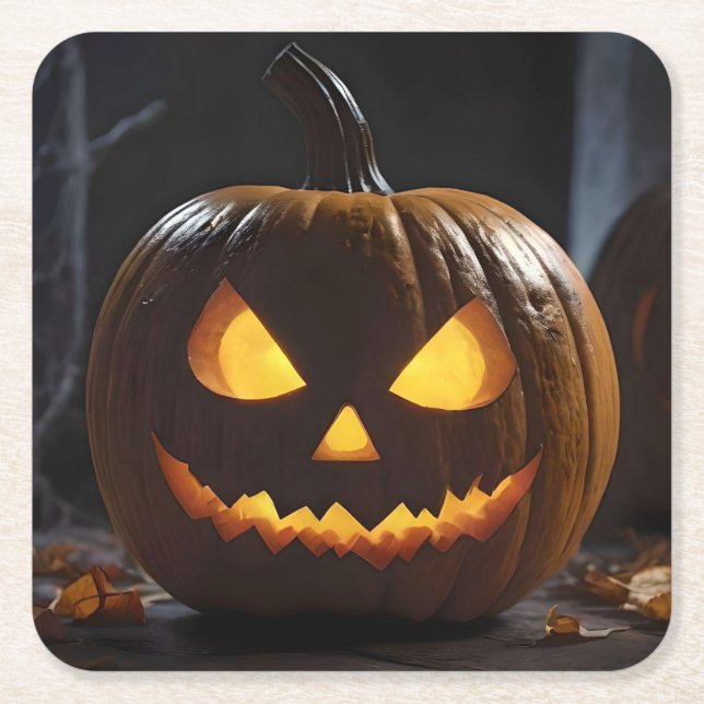 Porta-copo De Papel Quadrado Menacing Halloween Pumpkin, (Frente)