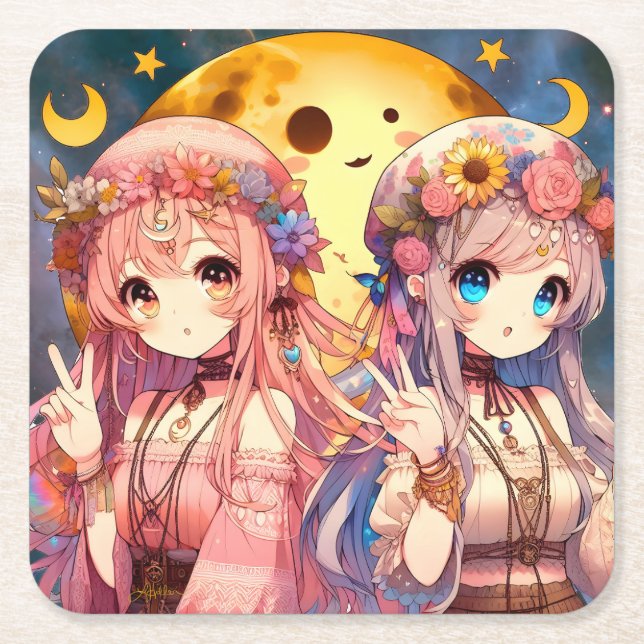 Porta-copo De Papel Quadrado Menina de anime Hippie Moon Girls Dando Sinal de P (Frente)