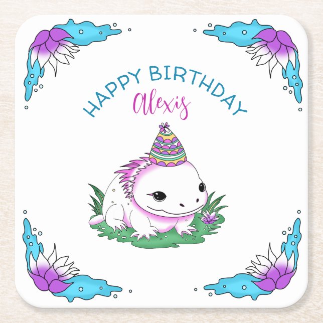 Porta-copo De Papel Quadrado Menina de Aniversário Personalizada Axolotl Pensad (Frente)