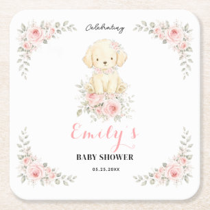 Porta-copo De Papel Quadrado Menina Dourada Baby Shower Floral Cachorro