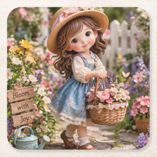 Porta-copo De Papel Quadrado Menina e seu jardim de flores