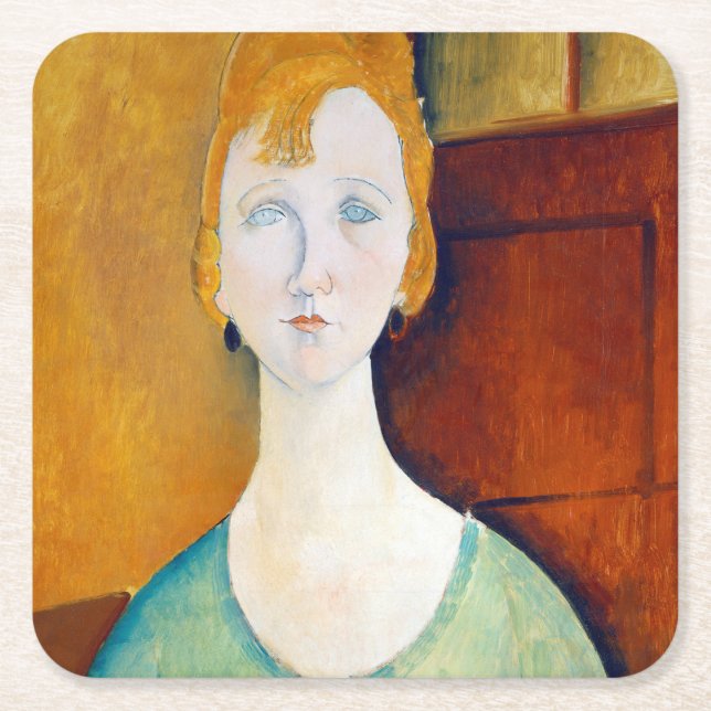 Porta-copo De Papel Quadrado Menina em uma blusa verde, Modigliani (Frente)