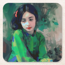 Porta-copo De Papel Quadrado Menina em vestida verde