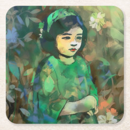 Porta-copo De Papel Quadrado Menina em vestida verde
