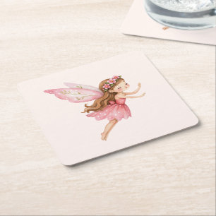 Porta-copo De Papel Quadrado Menina Fada Fofo de Vestido Rosa