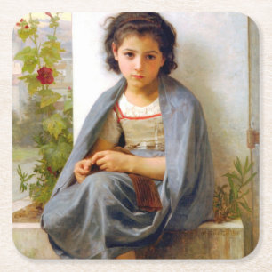 Porta-copo De Papel Quadrado Menina Fazendo Tricô, Bouguereau