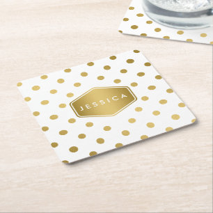 Porta-copo De Papel Quadrado Menina Glitter Dourado Monograma do Padrão de Bol