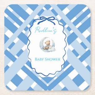 Porta-copo De Papel Quadrado Menino Xadrez Azul Bebê chuveiro urso fita Quadrad