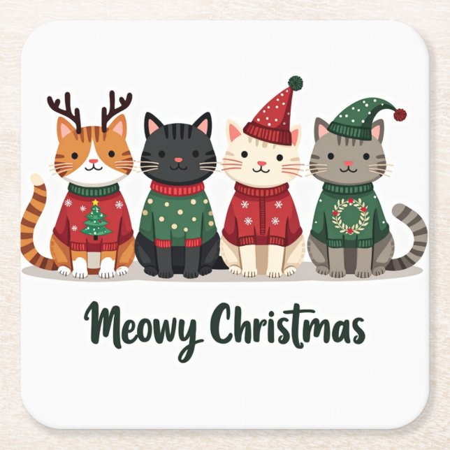 Porta-copo De Papel Quadrado Meowy Christmas Four Cats (Frente)