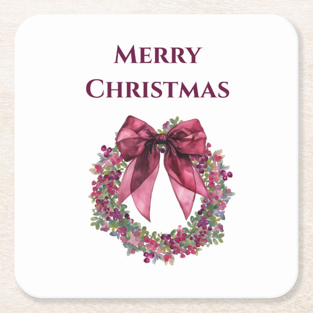 Porta-copo De Papel Quadrado Merry Christmas Coaster with Pink Wreath and Bow (Frente)