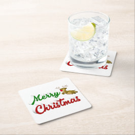 Porta-copo De Papel Quadrado Merry Christmas Flying Reindeer red green script