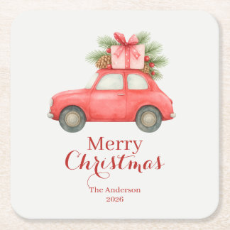 Porta-copo De Papel Quadrado Merry Christmas Red Car – Personalized Holiday 