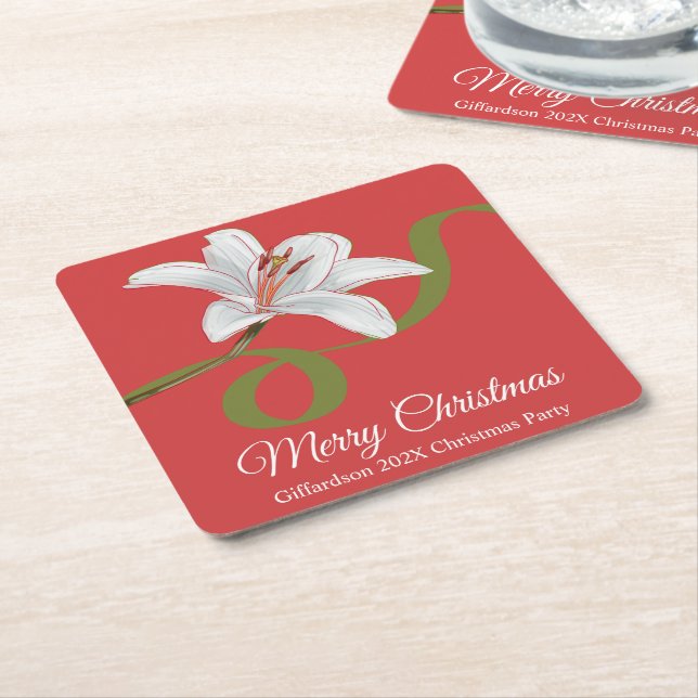 Porta-copo De Papel Quadrado Merry Christmas Red Floral Name Paper Coaster (Inclinado)