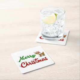 Porta-copo De Papel Quadrado Merry Christmas Reindeer red green script