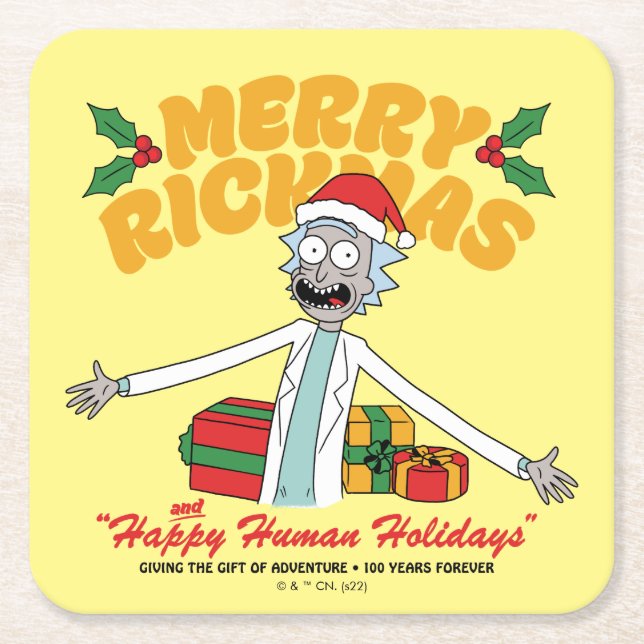 Porta-copo De Papel Quadrado Merry Rickmas and Happy Human Holidays (Frente)