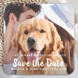 Porta-copo De Papel Quadrado Meus Humanos Estão Casando Foto De Cachorro De Noi<br><div class="desc">Adicione o toque final ao seu casamento com cães salve as datas com estas fotos personalizadas, e personalizado 'Meus humanos estão se casando... Salve os adesivos da Data'. Personalize com sua foto, nomes e data favoritos. Esse cão de casamento salva os adesivos são perfeitos para a festa de noivado, salve...</div>