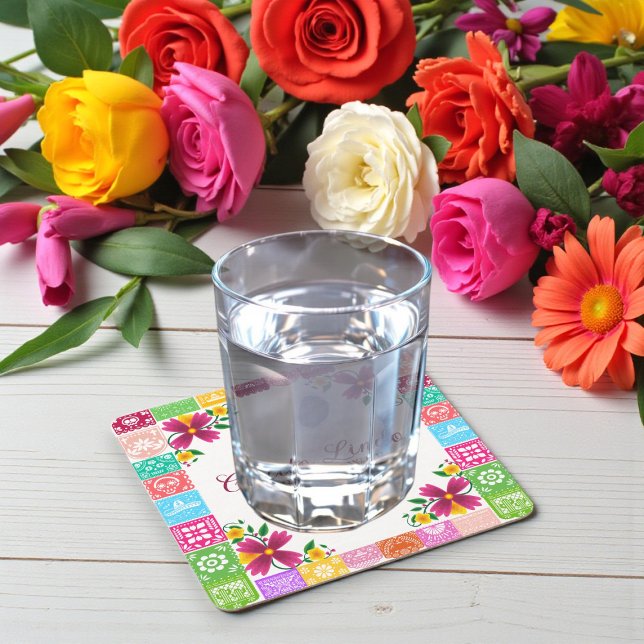Porta-copo De Papel Quadrado Mexican Folk Art Floral Baby Shower Coasters (Criador carregado)