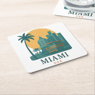 Porta-copo De Papel Quadrado Miami Vintage EUA – Silhueta Retro da Praia