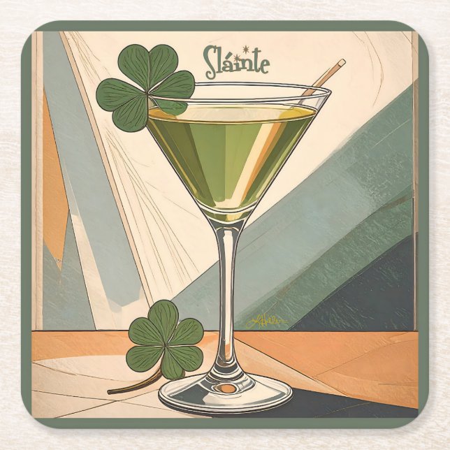 Porta-copo De Papel Quadrado Mid Century Modern Art Shamrock Martini Sláinte!  (Frente)