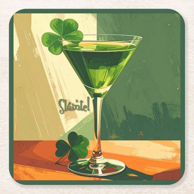 Porta-copo De Papel Quadrado Mid Century Modern Shamrock Martini Sláinte!  (Frente)