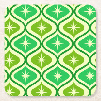 Porta-copo De Papel Quadrado Mid Century Retro Starbursts On Green Ogee Pattern