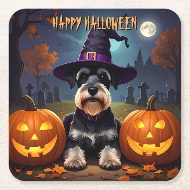 Porta-copo De Papel Quadrado Miniatura Schnauzer Halloween (Frente)