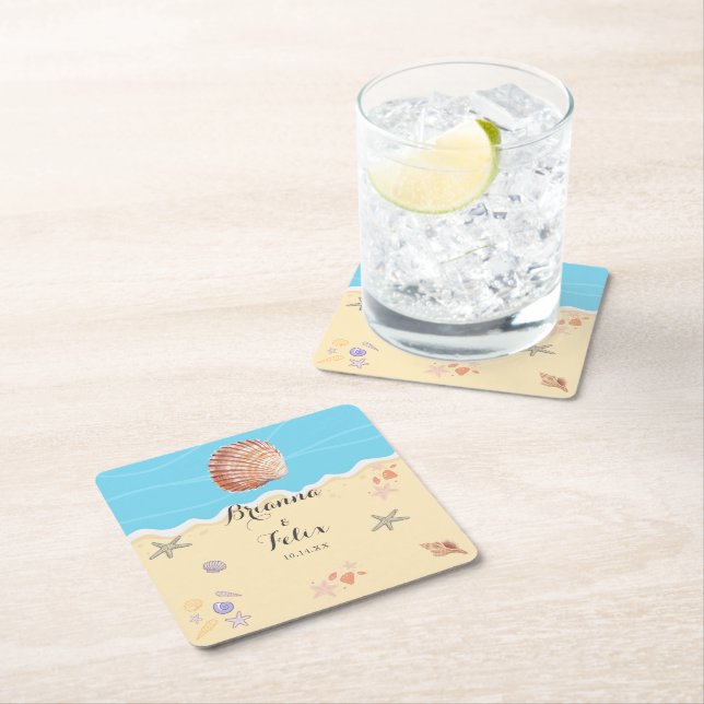 Porta-copo De Papel Quadrado Minimal Blue Ocean Summer Wedding (Insitu)
