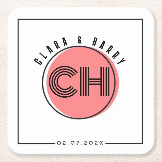 Porta-copo De Papel Quadrado Minimal retro monogram initials Wedding  (Frente)