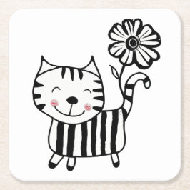 Porta-copo De Papel Quadrado Minimalist Cute Cat with Flower on Tail Decorative
