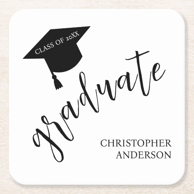 Porta-copo De Papel Quadrado Minimalist Grad Cap Black & White Graduation (Frente)