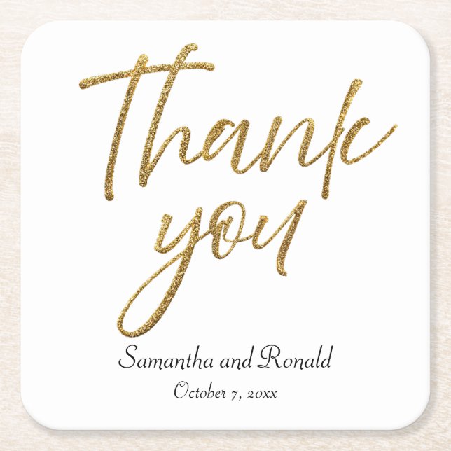 Porta-copo De Papel Quadrado Mínimo Branco e Dourado Obrigado Casamento (Frente)