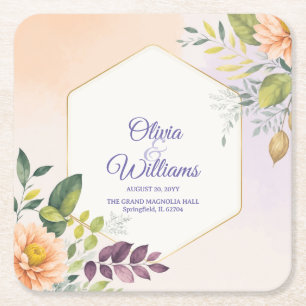 Porta-copo De Papel Quadrado Modelo de Convite de Casamento Floral Elegante
