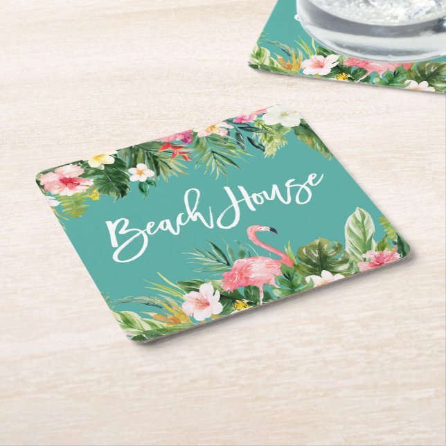 Porta-copo De Papel Quadrado Modern Brush Script Tropical Floral Beach House (Inclinado)