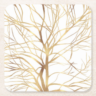 Porta-copo De Papel Quadrado Modern Gold Tree Silhouette Minimal White Design