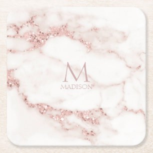 Porta-copo De Papel Quadrado Modern Marble Glitter Monogram Rosa Dourado ID816