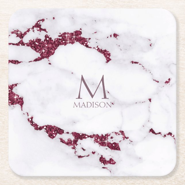 Porta-copo De Papel Quadrado Modern Marble Glitter Monograma Burgundy ID816 (Frente)