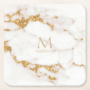 Porta-copo De Papel Quadrado Modern Marble Glitter Monograma Dourado ID816