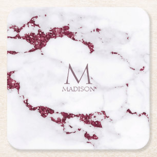 Porta-copo De Papel Quadrado Modern Marble Glitter Monogramas Burgundy ID816