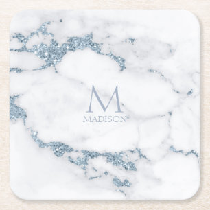 Porta-copo De Papel Quadrado Modern Marble Glitter Monogramas Dusty Blue ID816